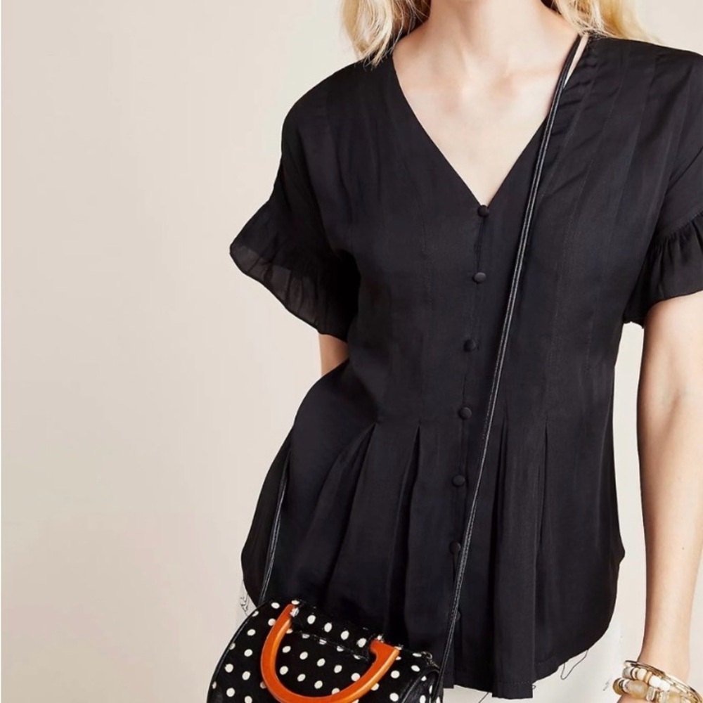 Dolan Black Cap Sleeve Pleated Blouse
